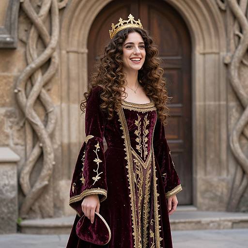 Photograph of a smiling woman with long curly brown hair, wearing a gold crown, and a dark velvet gown with gold embroidery, standing in front of