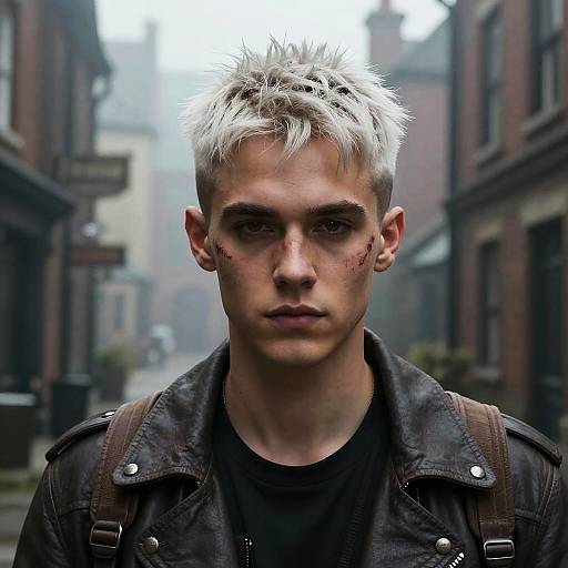 Young Assassin with Platinum Hair in Foggy Victorian Alley