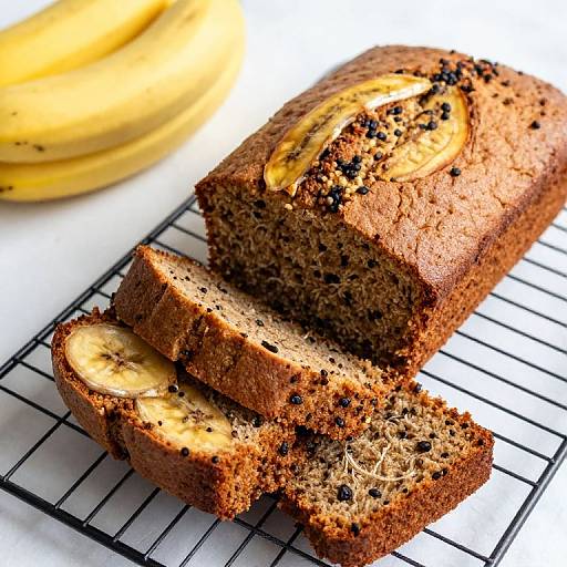 Photograph of a banana-spotted, dark brown loaf cake with sliced bananas on top, two slices cut and placed on a wire rack. Background includes