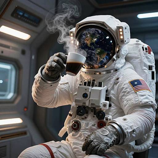 Photorealistic digital art: Astronaut in white spacesuit with reflective helmet, sipping coffee, surrounded by spaceship interior, visible Earth on helmet.