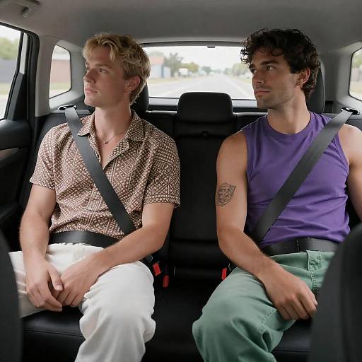 Two men sitting in car backseat