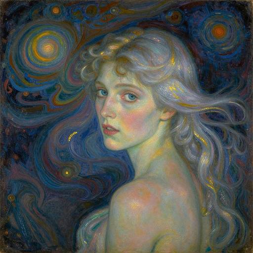 Digital painting of a fair-skinned, blue-eyed woman with flowing white hair, set against a dark, swirling cosmic background with vibrant, circular patterns.