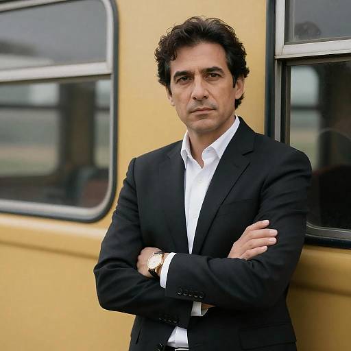 Serious man in suit standing by vintage train