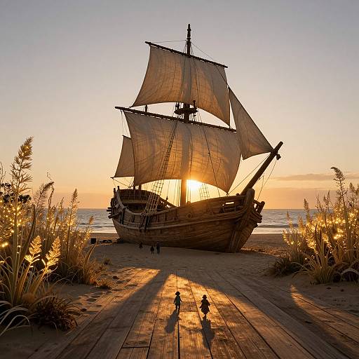 Photograph of a large, wooden pirate ship with billowing sails at sunset on a sandy beach, casting golden shadows on planks, with two small
