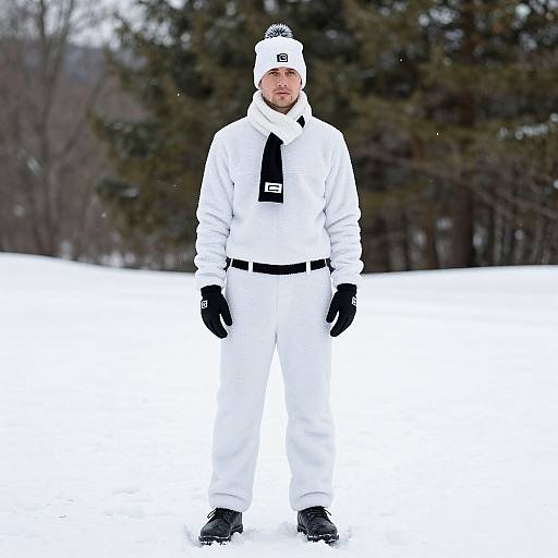 Photograph of a man in all-white winter gear, including a hat, scarf, gloves, and pants, standing in a snowy forest.
