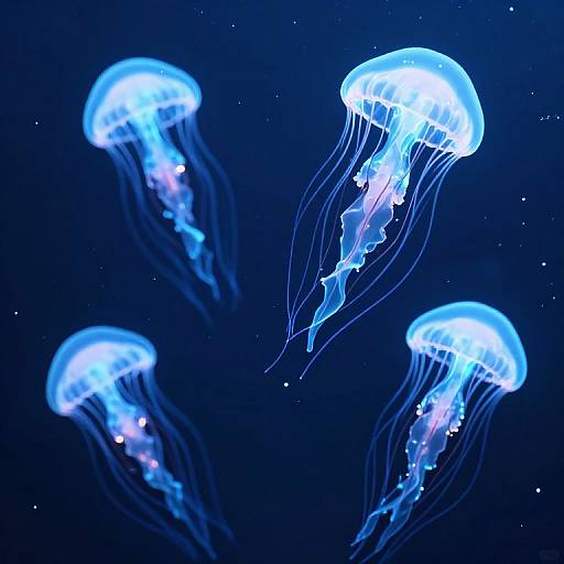 Photograph of four glowing blue jellyfish with translucent, bell-shaped bodies and delicate, flowing tentacles against a dark, starry ocean background.