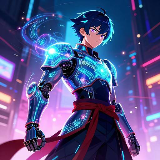 Digital anime-style artwork of a blue-haired male warrior in glowing cyber armor with neon cityscape background, red sash, and intense purple eyes.