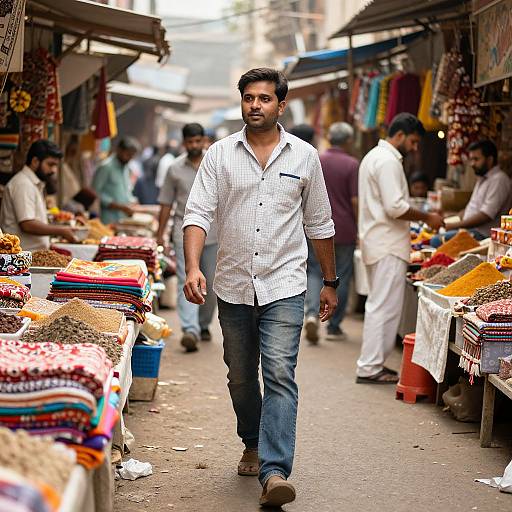Photograph of a bearded South Asian man in a white checkered shirt and blue jeans walking through a bustling outdoor market with colorful spices, fabrics,