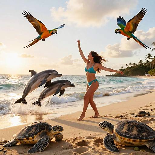 Woman Dancing on Tropical Beach with Dolphins, Parrots, and Turtles