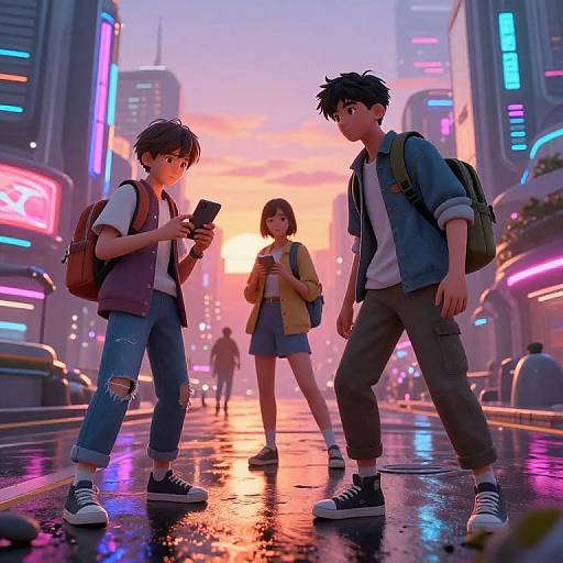 Digital anime-style artwork of three teenagers in a neon-lit, rainy city street at sunset, with vibrant lights and reflective wet pavement.