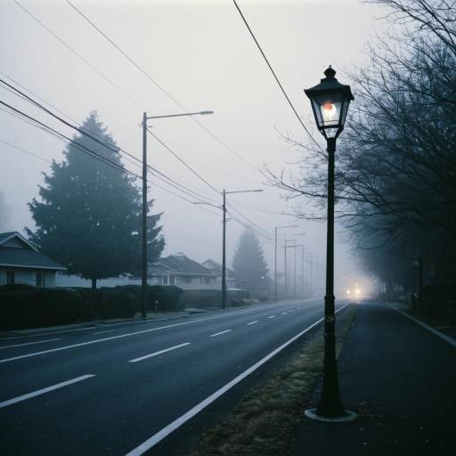 Lone Streetlamp on Foggy Suburban Road