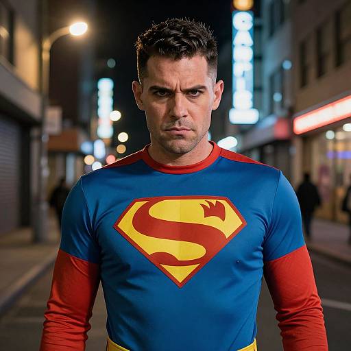 Photograph of a muscular, dark-haired man in a blue and red Superman costume with the iconic 