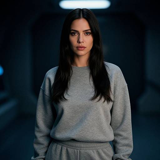 Photograph of a woman with long black hair, light skin, and red lipstick, wearing a gray sweater and matching pants, standing in a dimly