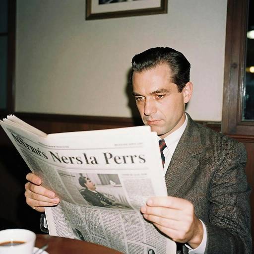 Photograph of a serious-looking man with dark hair, wearing a black suit and white shirt, reading 