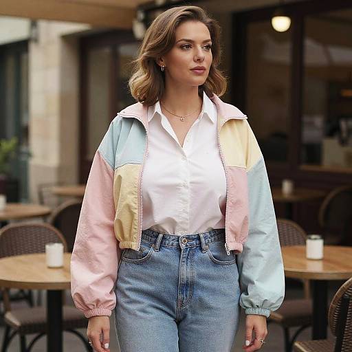Photograph of a light-skinned woman with wavy brown hair, wearing a pastel-colored bomber jacket over a white blouse and high-waisted