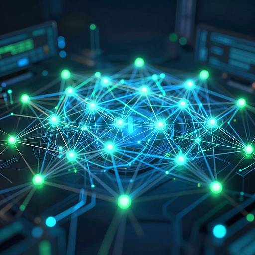 Photograph of a network of bright blue and green glowing nodes connected by thin lines, set against a dark, blurred background with electronic equipment.