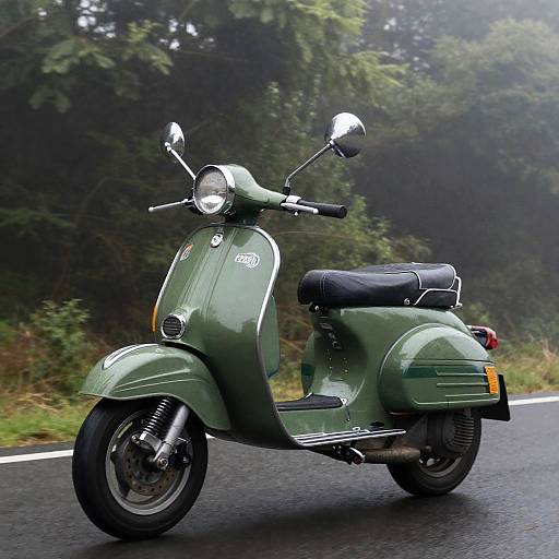 Photograph of a vintage green Vespa scooter with black seat, riding on a wet, tree-lined road, misty background.