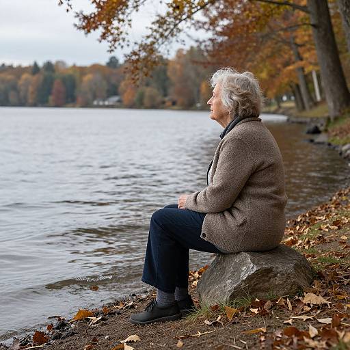 Photograph of an elderly woman with short gray hair, wearing a brown coat, black pants, and shoes, sitting on a rock by a lake,