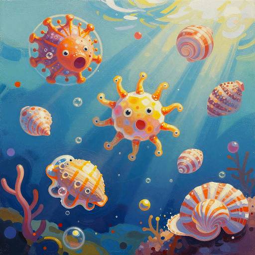 Bright, colorful underwater illustration of cartoonish sea creatures, including sunfish, striped shells, and bubbles, with sunlight filtering through the blue water.