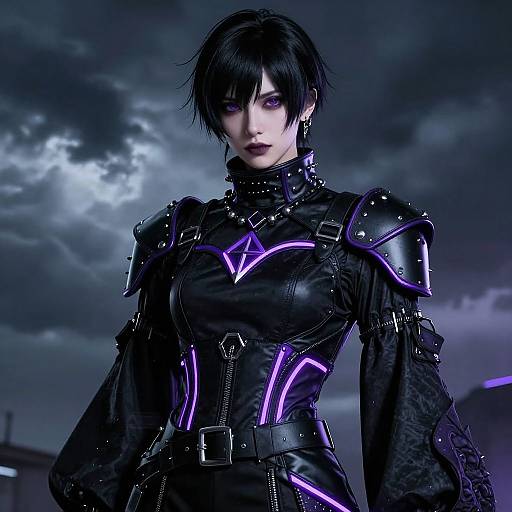 Digital artwork of a fierce, black-haired woman in a futuristic, black leather and armor outfit with purple glowing lines, standing under a stormy, dark