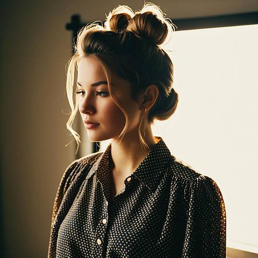 Young Woman with Loose Bun Hairstyle in Vintage Blouse