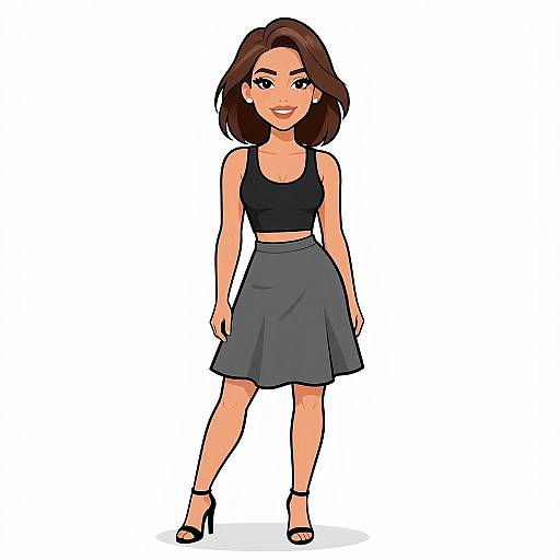 Digital illustration of a smiling woman with medium brown hair, wearing a black tank top, gray skirt, and black high heels. White background.