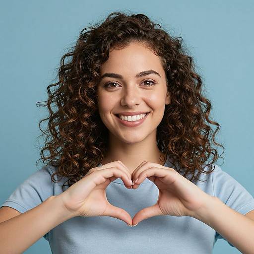 Photograph of a smiling young woman with curly brown hair, light brown skin, and brown eyes, wearing a light blue shirt, making a heart shape