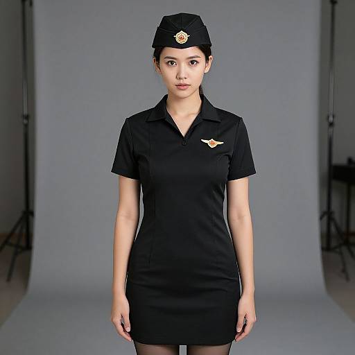 Photograph of an Asian woman in a black police uniform, short-sleeve shirt, black skirt, and hat, standing against a plain gray studio