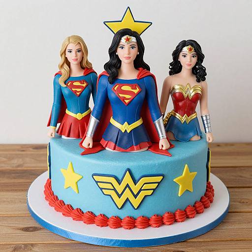Photograph of a blue cake with Superman, Wonder Woman, and Supergirl figurines, adorned with yellow stars, Wonder Woman's wings, and