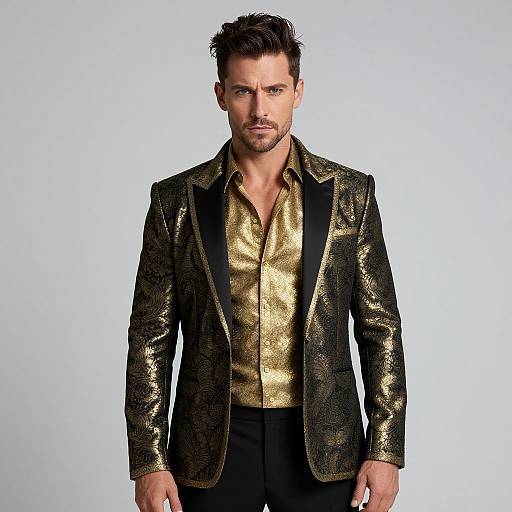 Photograph of a handsome, dark-haired man with a trimmed beard wearing a shiny black and gold textured blazer over a gold button-up shirt, standing