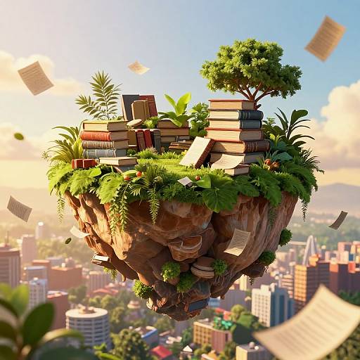 Digital artwork of a floating rock island with lush greenery, books, and a tree, surrounded by a cityscape with floating papers.