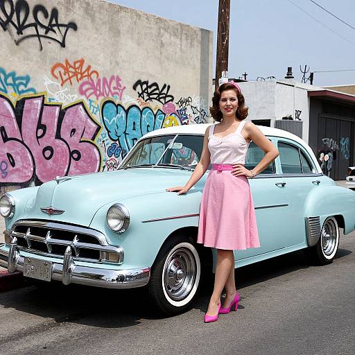 Photograph of a smiling woman with wavy brown hair, wearing a white tank top and pink skirt, standing next to a vintage light blue car,