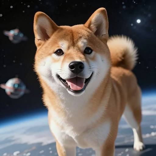 Photorealistic CGI of a happy, orange-and-white Shiba Inu standing on Earth with a starry, space-filled background and floating satellites.