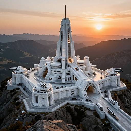 Photograph of a white, futuristic, mountain-top space station with a tall central spire, illuminated by a setting orange sun, against a mountainous