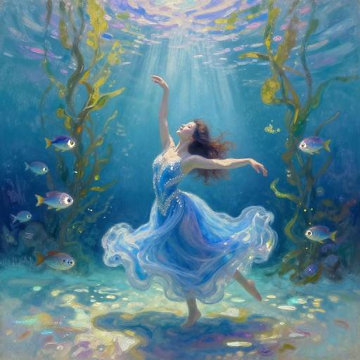 Digital painting of a graceful woman in a flowing blue dress dancing underwater, surrounded by colorful fish and seaweed, with sunlight filtering down from above.