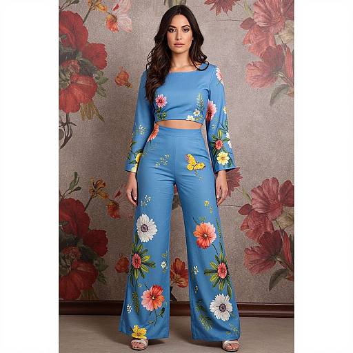 Photograph of a woman with long dark hair wearing a blue floral crop top and high-waisted wide-legged pants, standing against a floral-patterned