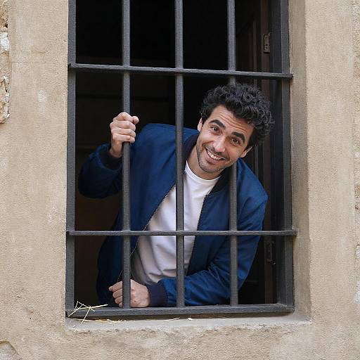 Playful Man Leaning Through Barred Window