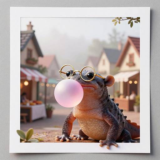 Newt Wearing Glasses Blowing Bubblegum in Village Market