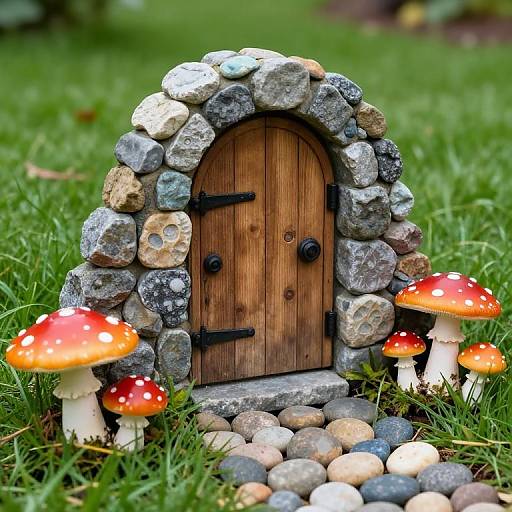 Photograph of a miniature stone door with wooden panels, surrounded by colorful red and white mushrooms, on a grassy lawn.