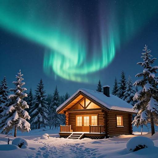 Photograph of a wooden cabin illuminated by warm light, surrounded by snow-covered trees, under a vibrant green and blue aurora borealis sky.
