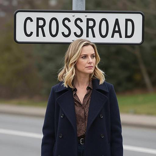Woman Standing at Crossroad Sign