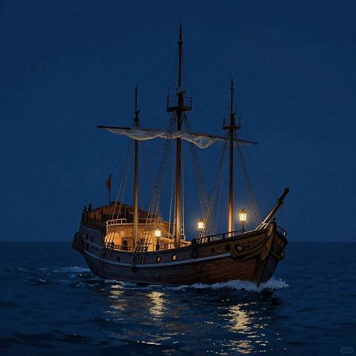 Photograph of a wooden pirate ship at night, illuminated by warm lights, sailing on dark blue ocean water, with a clear sky background.