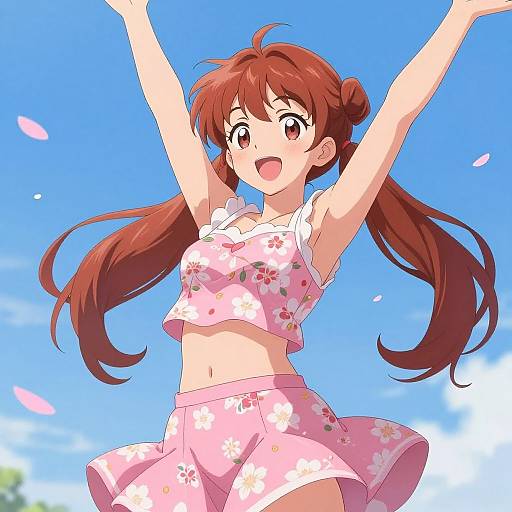 Anime-style digital drawing of a cheerful girl with long brown hair, wearing a pink floral crop top and skirt, arms raised, against a bright blue sky