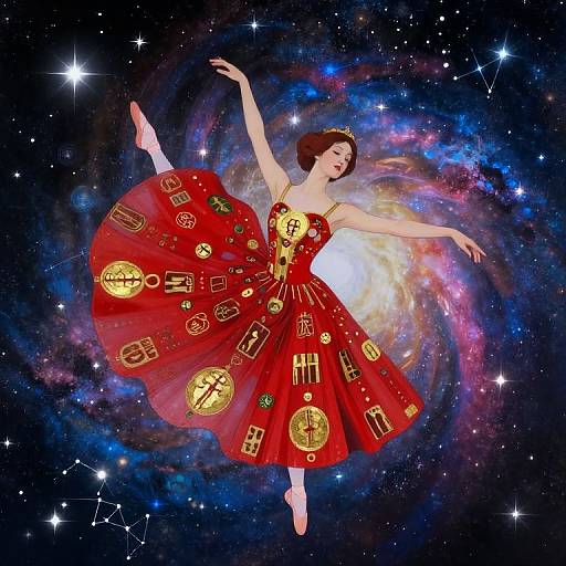 Digital artwork of a ballerina in a red dress adorned with gold symbols, floating in a cosmic galaxy with stars and nebulae.