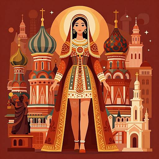 Digital illustration of a regal woman in ornate Russian Orthodox attire, standing before colorful, detailed Kremlin-style architecture, with a halo and a monk to