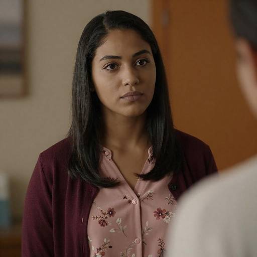 Serious Young Woman in Maroon Cardigan