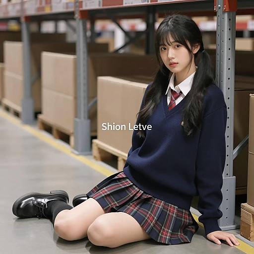 Asian Woman in School Uniform Sitting in Warehouse
