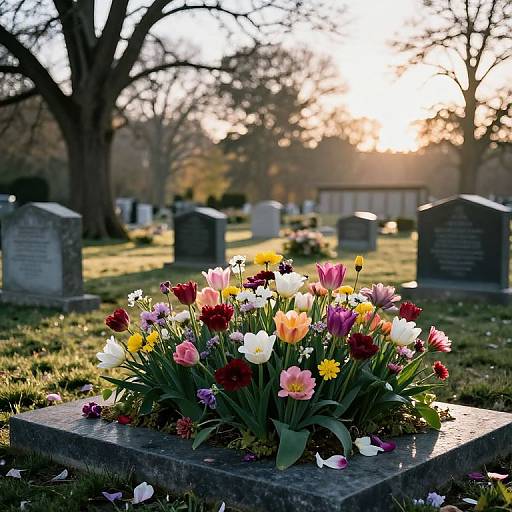 Photograph of a vibrant flower arrangement on a gravestone in a sunlit cemetery, with blurred tombstones and trees in the background.