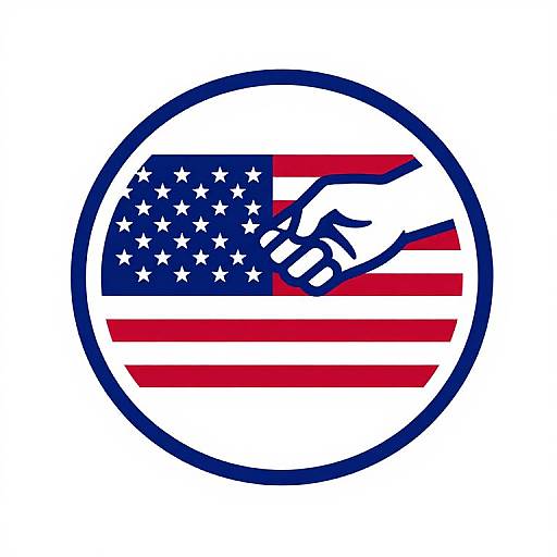 Digital graphic: Blue circle with white, starry American flag and red-white stripes, featuring a blue and white handshake.