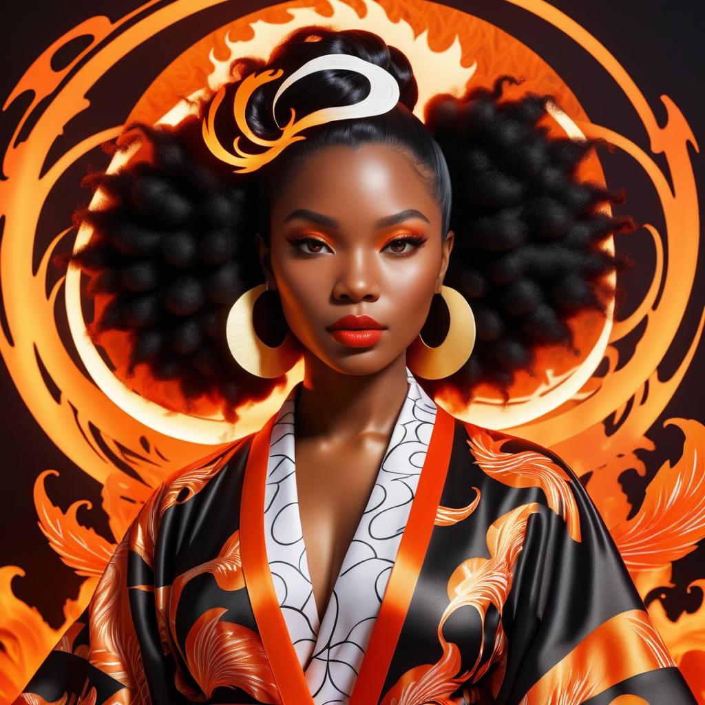 Fierce Black Woman in Fiery Kimono